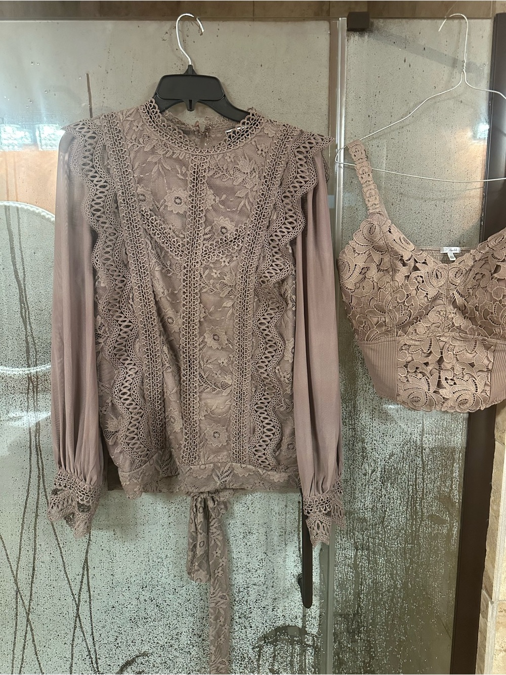 Womens Taupe Crochet Lace Blouse - Brand Unspecified